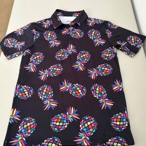 Proud 90 Golf Is Fun Mens Small Blk Multi Color Pineapple Performance Polo Shirt
